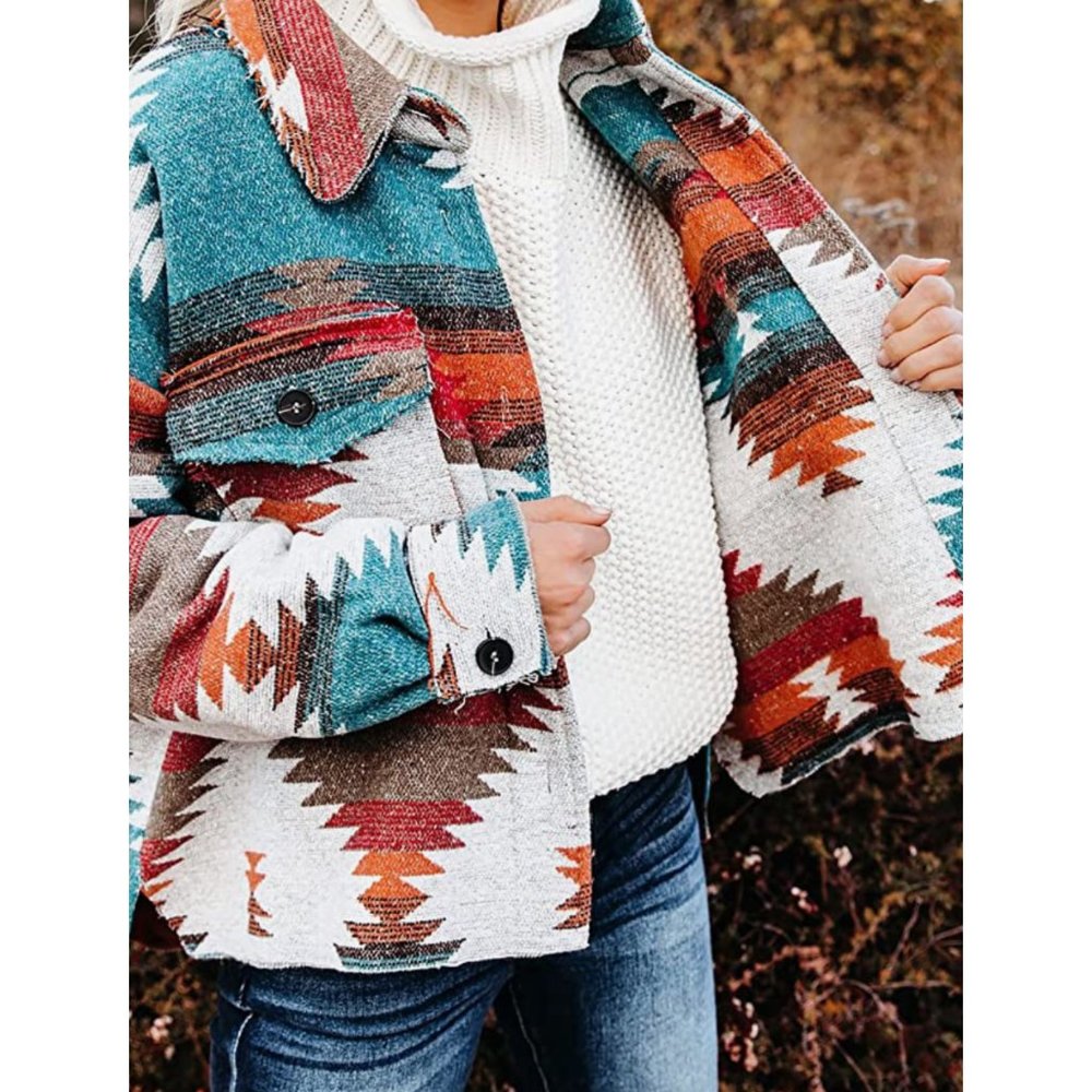 Multicolor Aztec Tribal Print Button Down Corduroy Shacket Jacket Coat - Picture 4 of 9